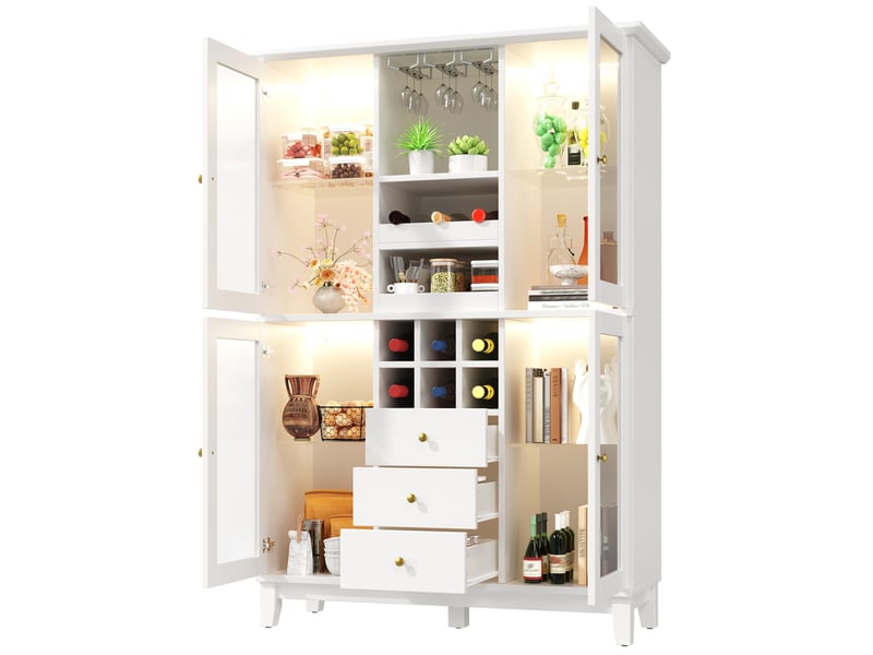  Armoire à vin 120x40x180,5 cm avec led rgb, 3 tiroirs et range-verres, blanc  - Conforama A