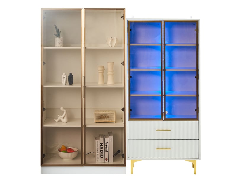  Ensemble de 2 vitrines led blanches, 80 x 40 x 160 cm + 70 x 35 x 150 cm, portes vitrées et tablettes réglables Fay Lum - Conforama A