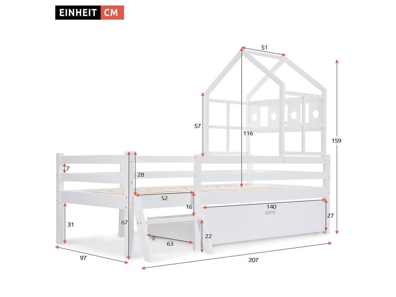  Lit cabane enfant surélevé 90x200 cm avec échelle et tiroir, blanc  - Conforama E