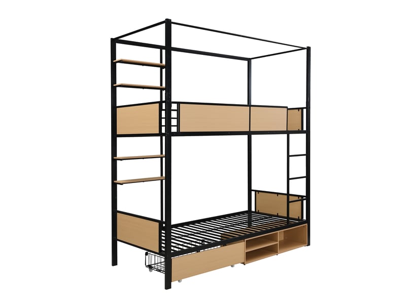  Lit superposé 90x200 cm avec rangement et échelle, noir et naturel  - Conforama W