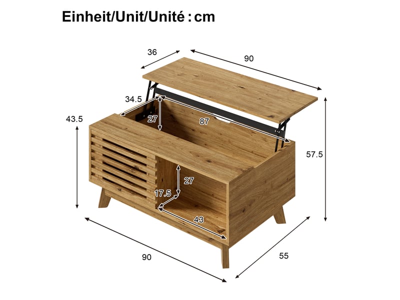  Table basse relevable avec rangement et porte coulissante à lames, en mdf ton bois, pour salon, 90 × 55 × 57,5 cm  - Conforama D