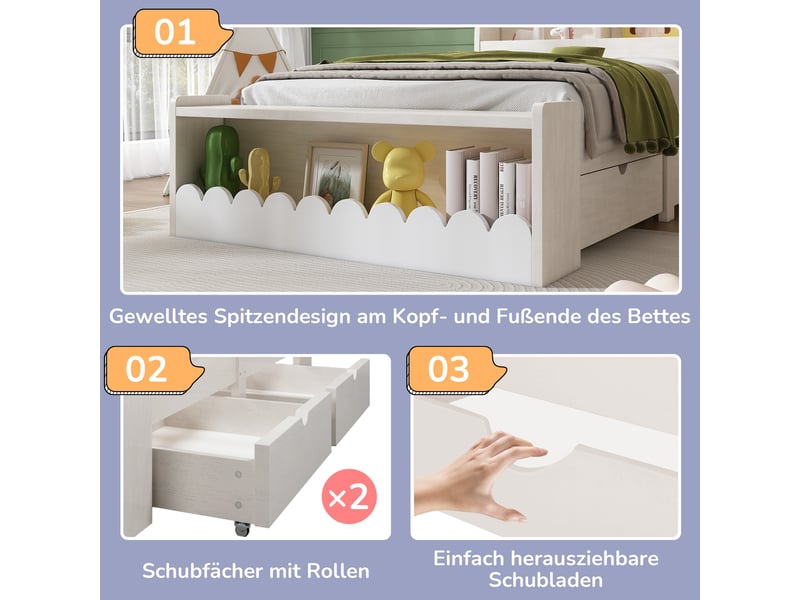  Lit enfant 90x200, bois blanc et chêne avec tiroirs, étagère et banc de rangement – sans matelas  - Conforama E
