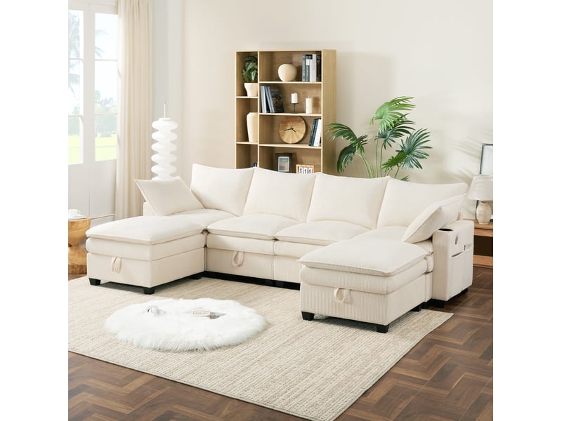 Canapé modulaire 6 places avec rangement, usb et porte-gobelets, poufs amovibles en velours côtelé beige 280 × 152 × 83 cm - Conforama B