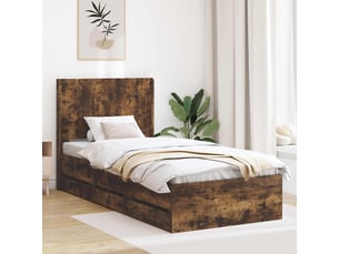 Lit adulte, lit simple, cadre de lit avec rangement et tête de lit chêne fumé cf1654