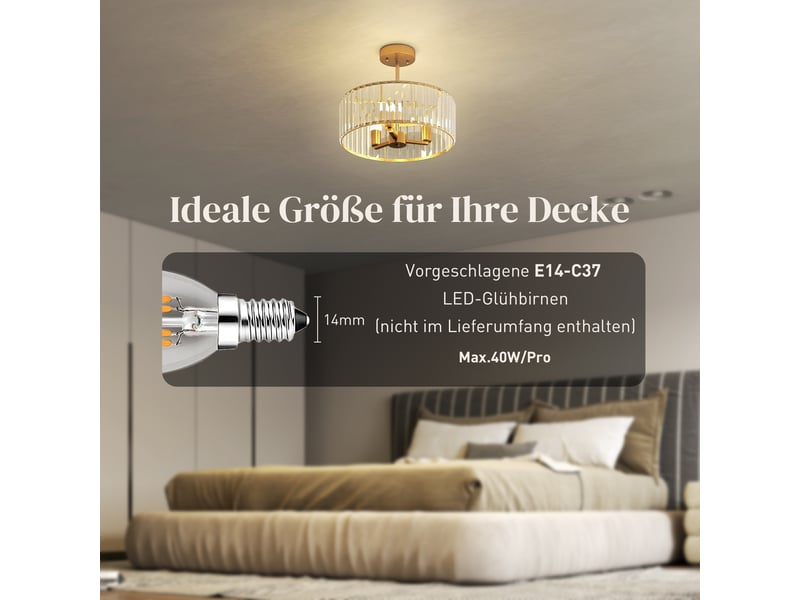  Plafonnier, lustre design, abat-jour en cristal, 3 ampoules, métal, couleur or  - Conforama E