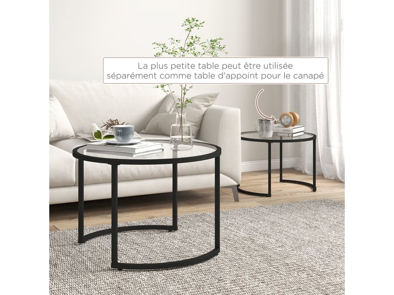  Lot de 2 tables basses gigognes rondes verre et acier noir ø 70 et 54 cm  - Conforama E