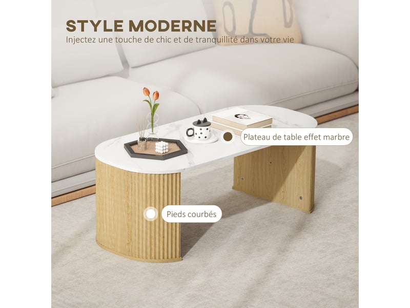 Table basse ovale, table d'appoint aspect effet marbre, coins arrondis pieds épais, blanc, 110 x 50 x 40 cm  - Conforama D