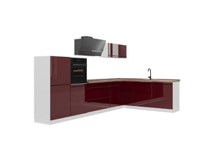 Vicco cuisine en angle, rouge brillantblanc, 347 x cm plan de travail chêne doré