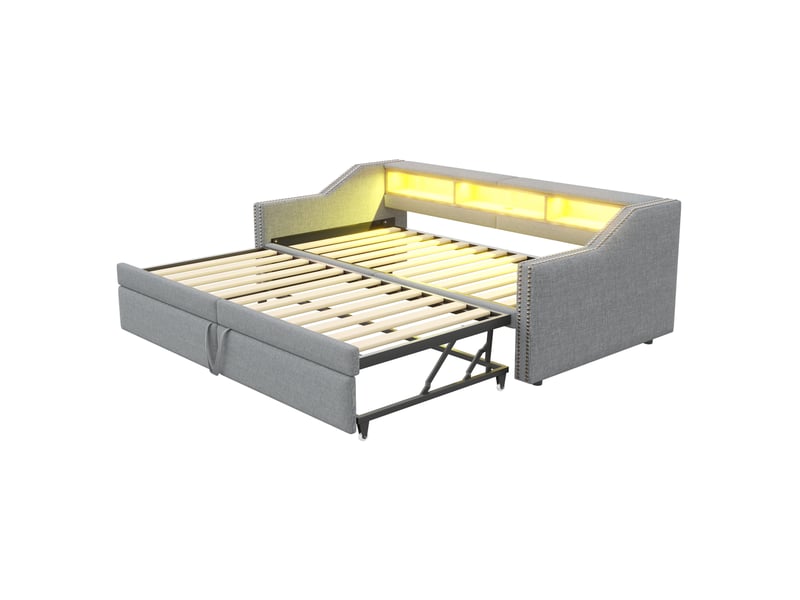  Sofa-lit capitonné 90 ou 180 x 200 cm, led et usb, coffre de rangement, sommier à lattes, coloris gris clair confort  - Conforama A