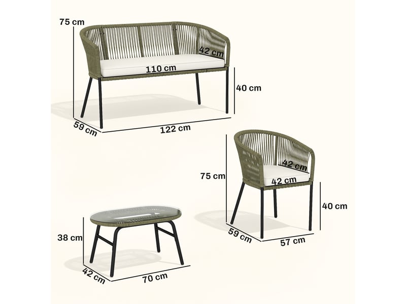  Salon de jardin extérieur 4 pl. Canapé 2 pl. 2 fauteuils et table basse verre trempé pp tressé crème  - Conforama E
