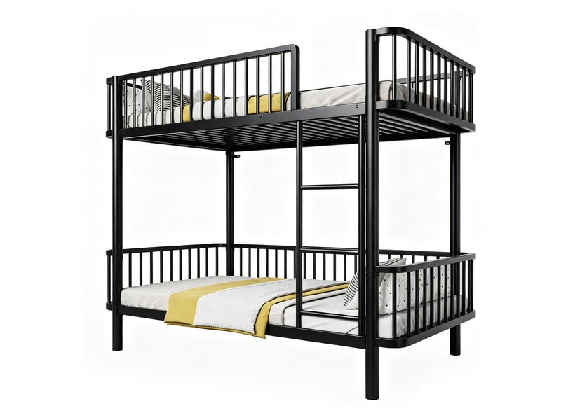  Lit superposé metallique 90x200cm coins arrondis pieds surleves barriere securite gain de place noir noir  - Conforama A