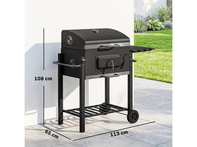  Barbecue à charbon avec fumoir et thermomètre, 2 grilles, 55 x 41,6 cm  - Conforama E