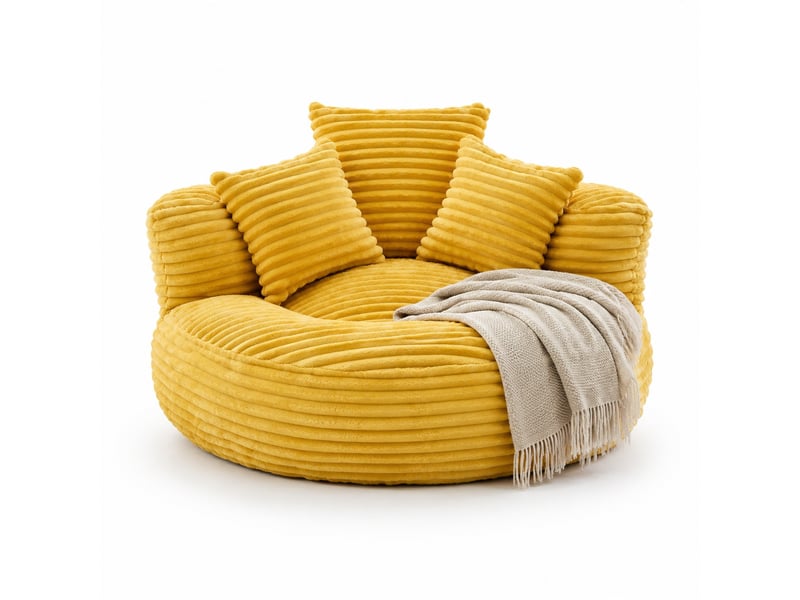  Fauteuil poire 1 place en velours côtelé jaune moutarde avec 3 coussins  - Conforama A