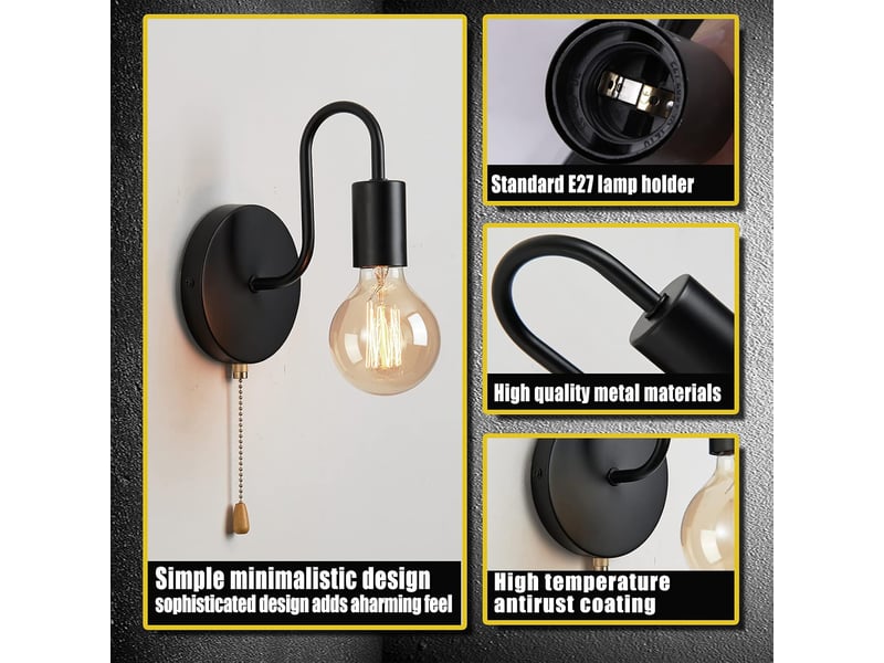  Applique murale intérieure avec interrupteur à tirette e27 noir 7914674598 - Conforama C