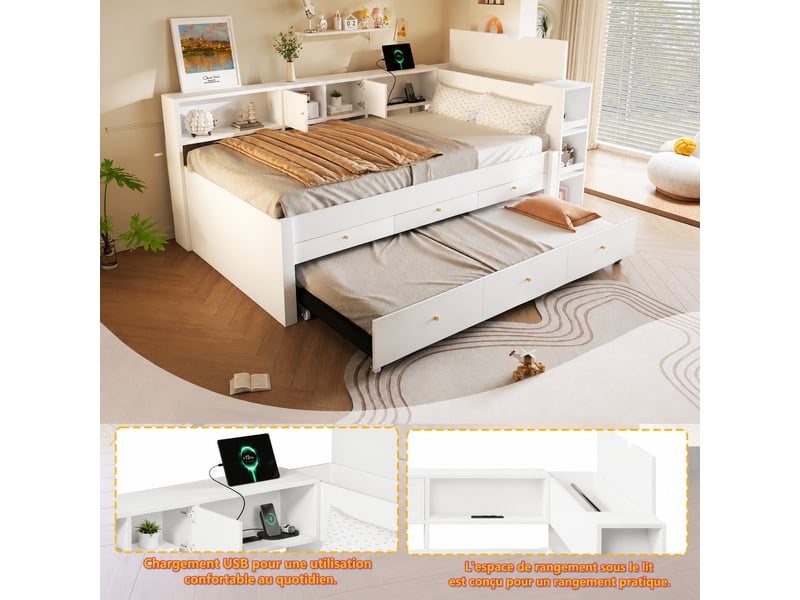  Lit gigogne 140x200 avec rangement, 3 tiroirs et port usb, blanc  - Conforama D