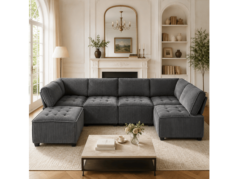  Canapé modulable tcqpz 6 places 308 x 154 x 82 cm configuration u ou l velours côtelé gris  - Conforama E