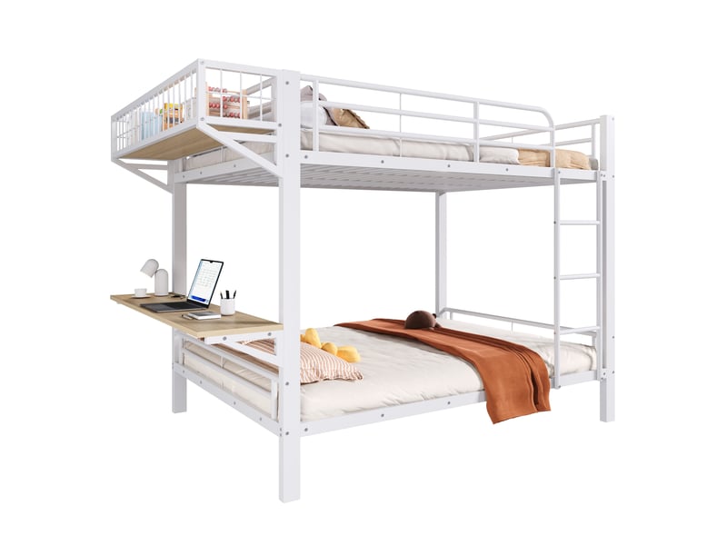  Lit superposé 4 places 140 x 200 cm avec bureau et rangement ouvert montables à gauche ou à droite, lit double en métal blanc avec garde-corps  - Conforama A