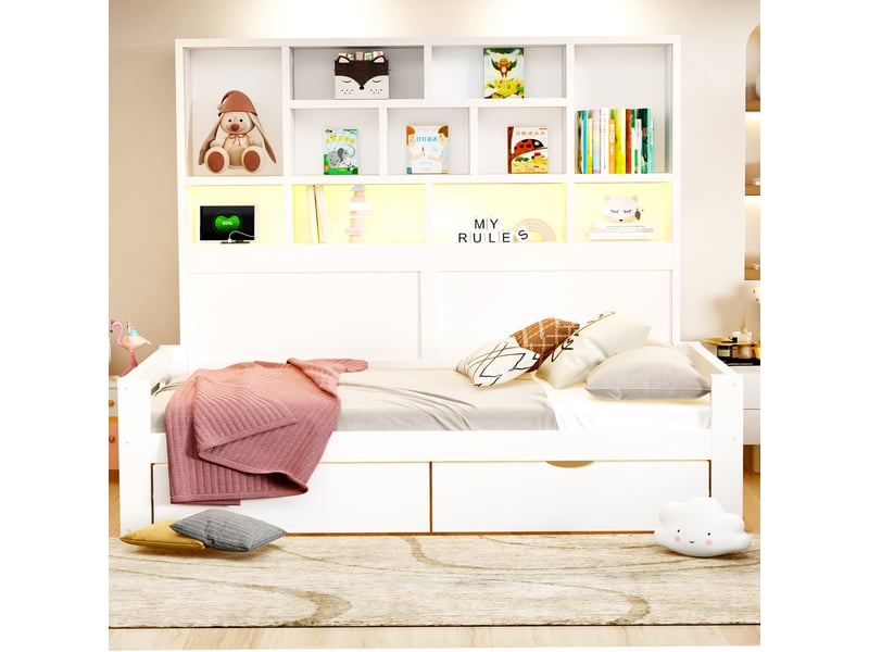  Lit 1 personne 90x200 cm avec rangement - 2 tiroirs - tête de lit led avec prises - étagères - blanc  - Conforama D