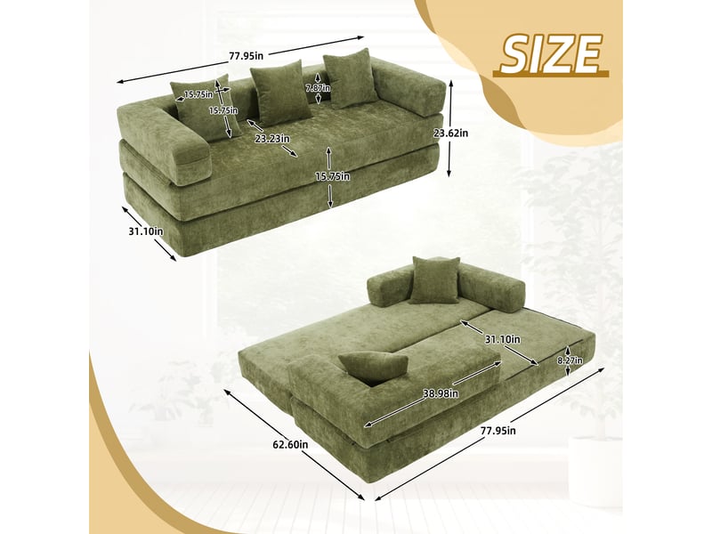  Canapé modulable,198x79x60 cm,2 places avec poches latérales,chenille,vert  - Conforama C