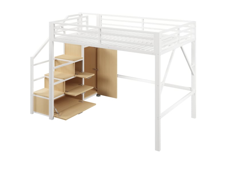 Lit mezzanine métallique 140x200 cm – rangements, armoire et éclairage led blanc - Conforama A