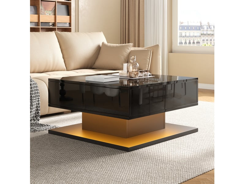  Table basse relevable 72x72x35 cm, couleur noir, design moderne, rangement et éclairage led  - Conforama E