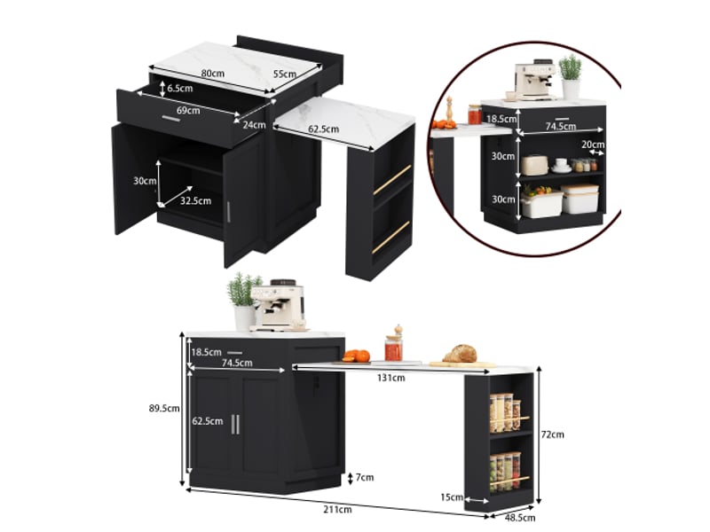  Îlot de cuisine avec table à manger extensible, 2 tiroirs, étagères latérales ouvertes, pour 4 à 6 personnes - noir  - Conforama D