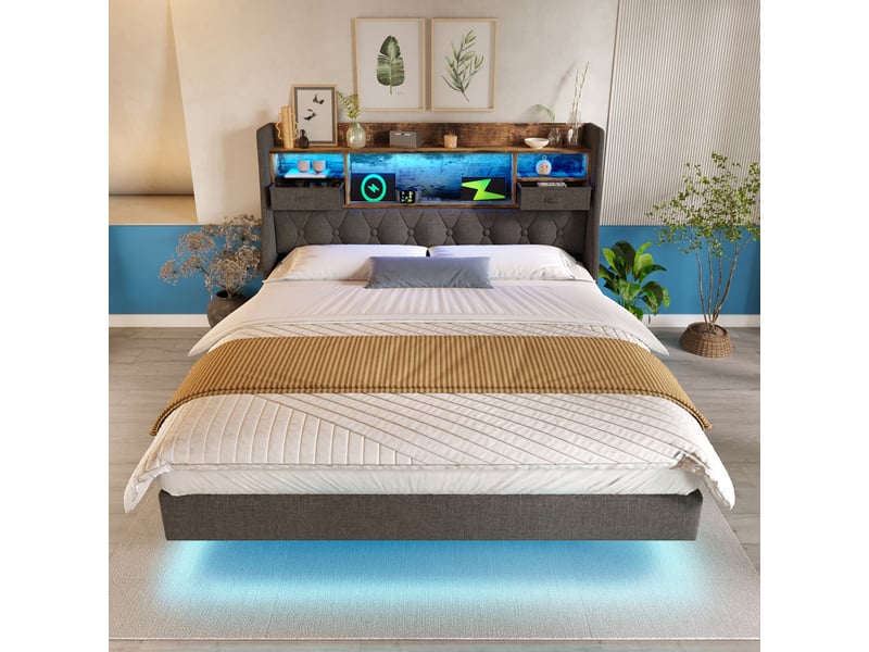 Lit flottant rembourré led avec rangement et usb-c, gris, 140x200 cm Fay Lum - Conforama D