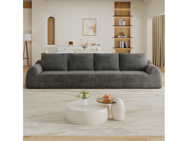  Canapé droit 4 places compressé sans montage avec rembourrage en mousse, tissu chenille gris foncé, 324 × 95 × 85 cm  - Conforama D