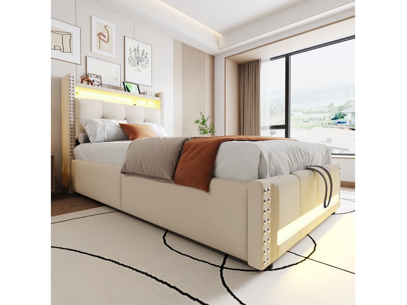  Modenvie lit enfant coffre 90x200 cm - led, port usb et rangements, sommier inclus - beige  - Conforama E