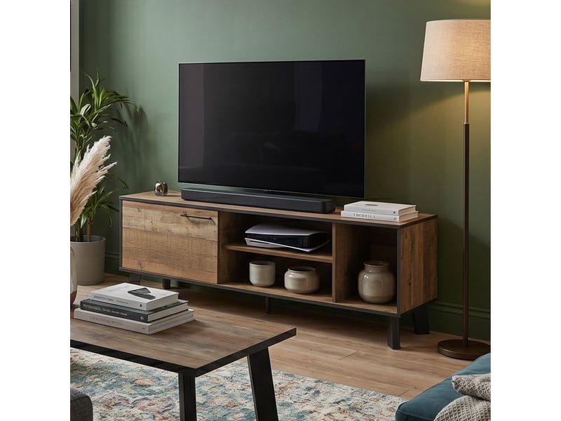  Meuble tv 1 porte aspect bois rustique poignées et pieds métal - chiara CHIARA - Conforama B