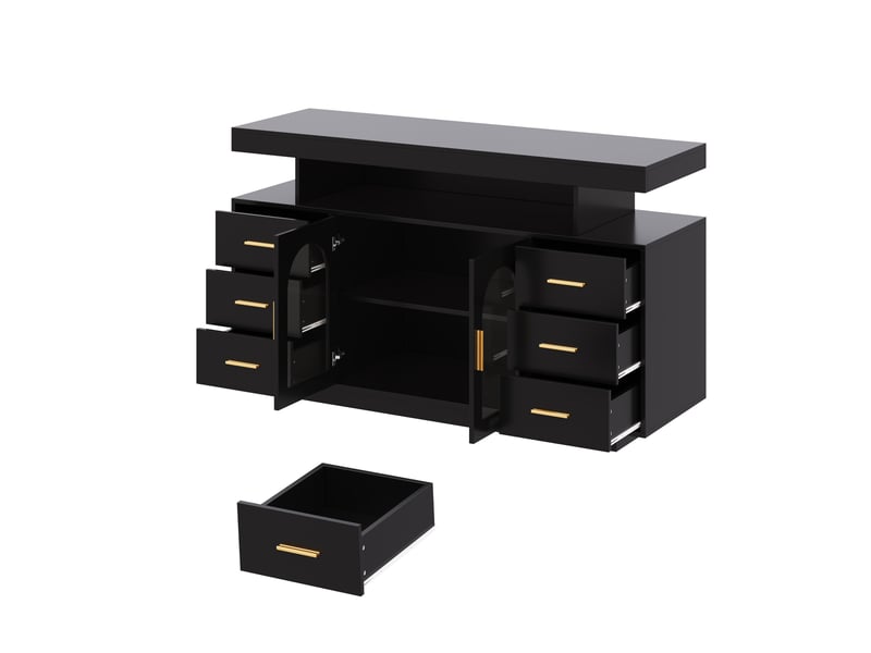Buffet bas avec led rgb, 6 tiroirs et 2 portes vitrées 140x40x76 cm noir - Conforama D