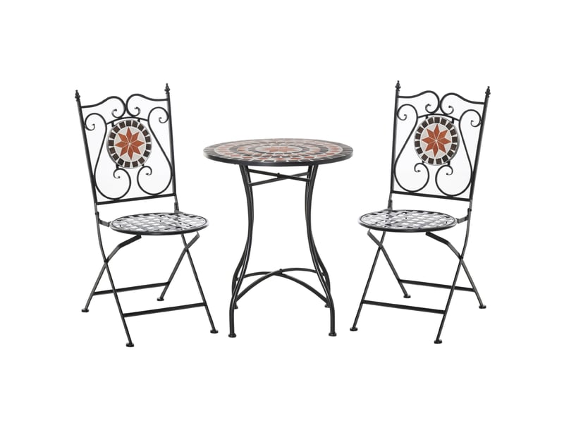  Ensemble de mobilier de jardin 3 pièces comprenant 2 chaises pliantes et 1 table basse, en métal et céramique.  - Conforama A