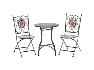 Ensemble de mobilier de jardin 3 pièces comprenant 2 chaises pliantes et 1 table basse, en métal et céramique.