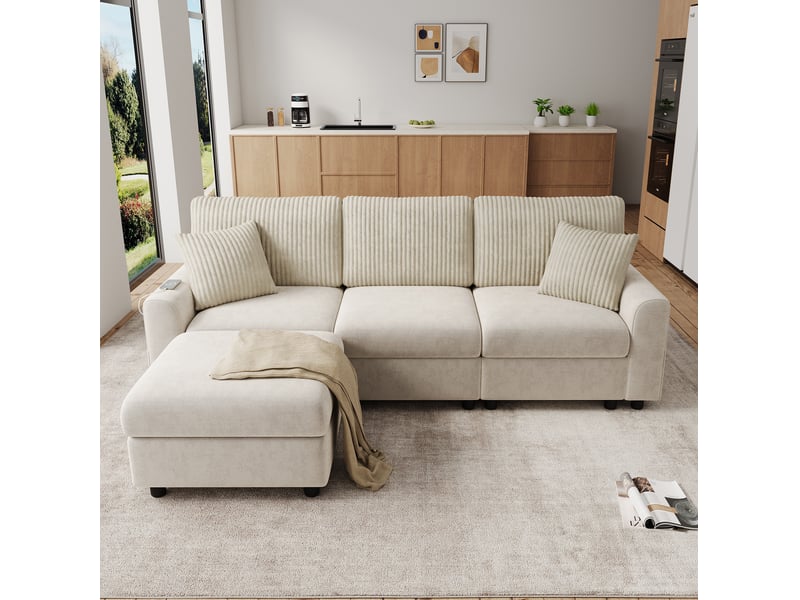  Canapé droit 223x146x84 cm avec pouf, 2 coussins, ports usb et type-c, beige  - Conforama D