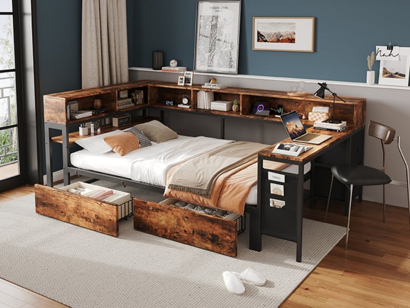 Lit coffre 120x200 cm, cadre en métal, 2 tiroirs, niches, table de chevet et port de charge, noir et bois naturel - Conforama B