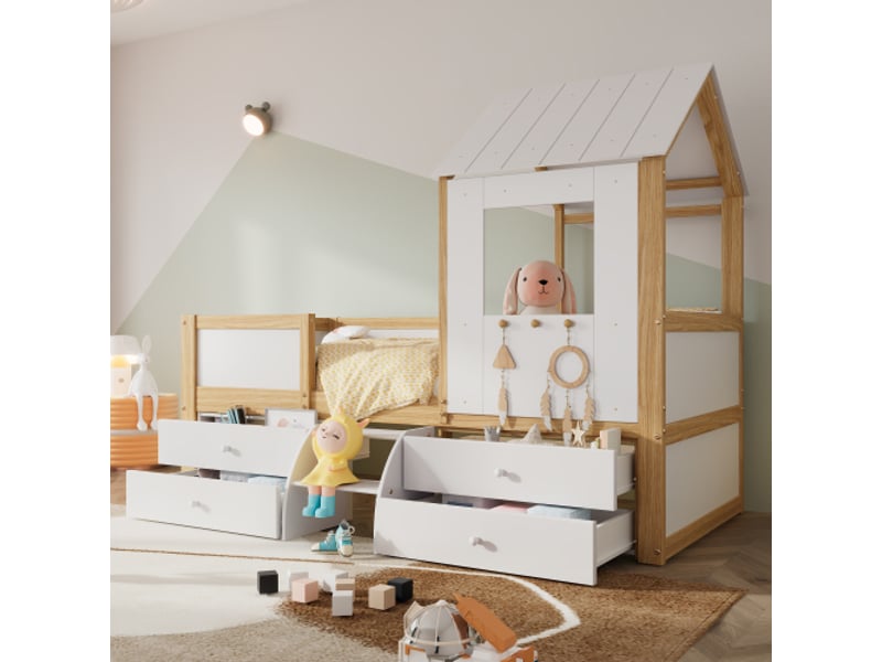  Lit cabane 90x200 cm, avec 4 tiroirs et petite marche, en bois, blanc et naturel, sans matelas  - Conforama B