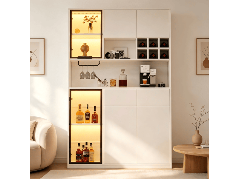 Vitrine 120x33x200 cm avec led, 6 portes dont 2 vitrées, 2 tiroirs, niches ouvertes, étagères réglables, meuble blanc pour salon et salle à manger - Conforama C