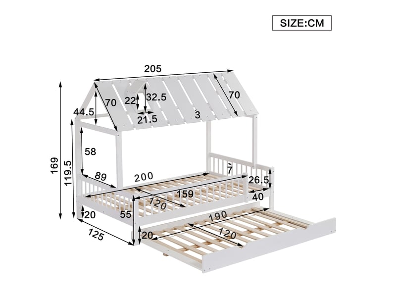 Lit enfant cabane 120x200 cm avec lit gigogne, barrières sur 3 côtés, blanc - Conforama C