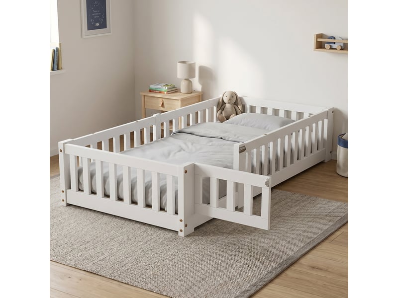  Lit simple 120x200 cm, lit au sol montessori avec barrières et porte amovible, lit enfant, sommier inclus, bois, blanc  - Conforama B