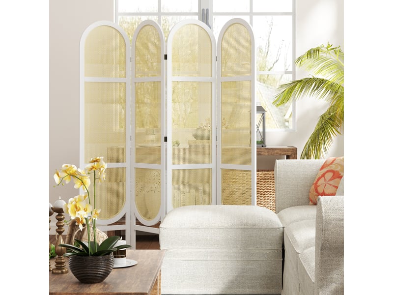  Paravent interieur en bois 4 panneaux 170 x 160 cm pliable et portable, blanc, motif tissé à la main  - Conforama D