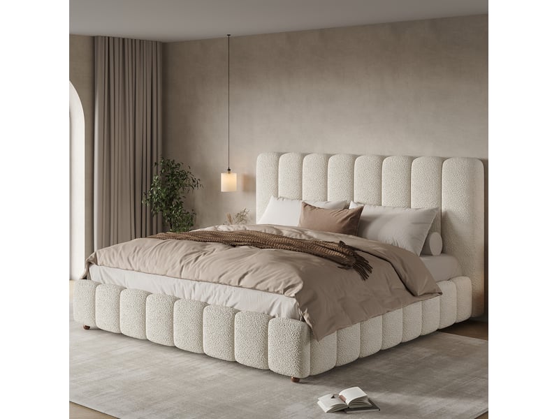  Lit double 160x200 avec sommier, tête de lit en bouclé evryae  - Conforama B