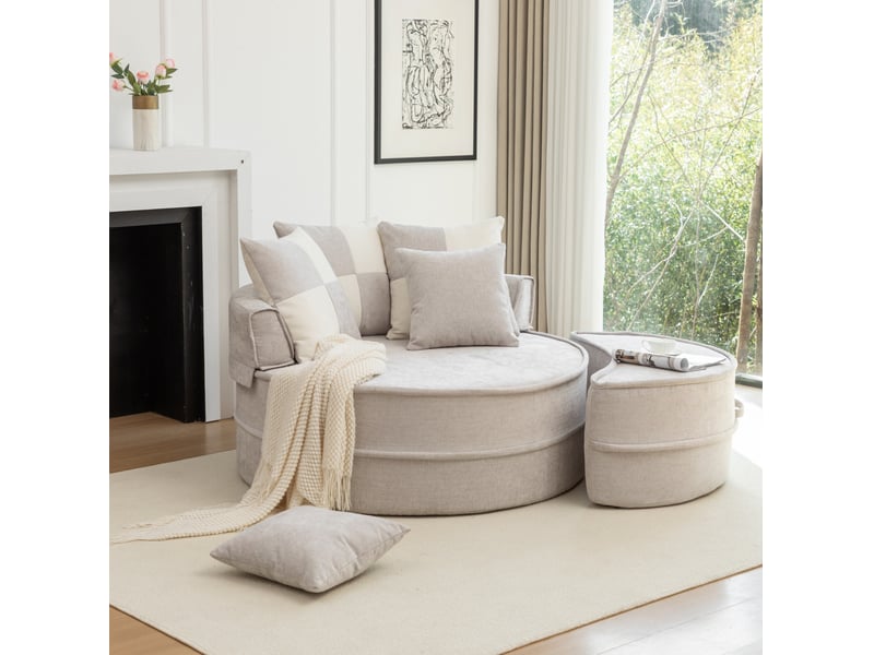  Fauteuil rond tcqpz avec ottomane 163 x 121 x 66 cm 5 coussins tissu chenille gris  - Conforama D