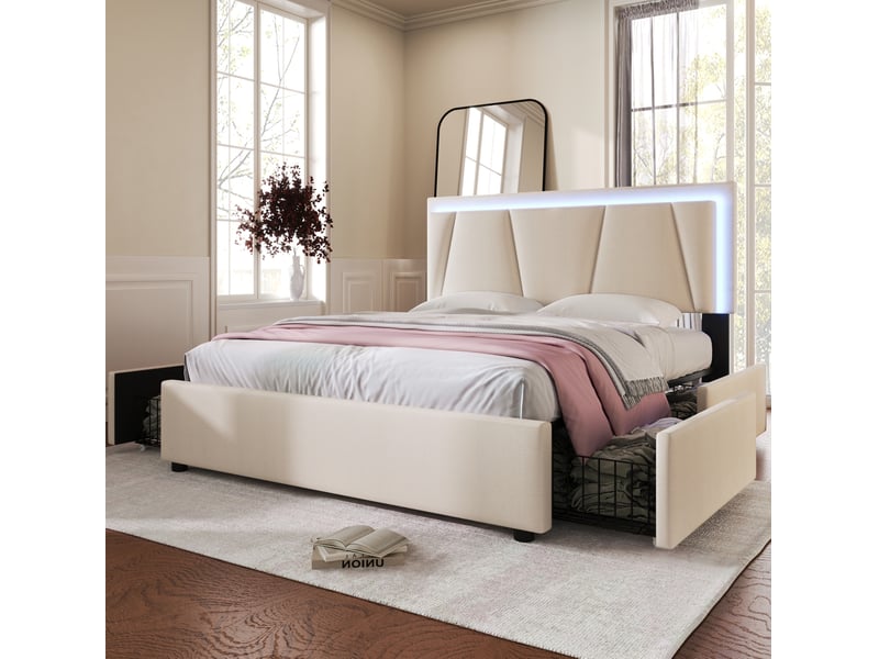  Lit double 160 x 200 cm beige avec led, 4 tiroirs, tête de lit réglable et matelas  - Conforama D