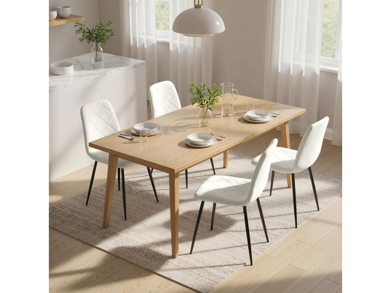  Lot de 4 chaises de salle à manger rembourrées avec dossier haut, pieds en acier et tissu effet velours, crème  - Conforama A