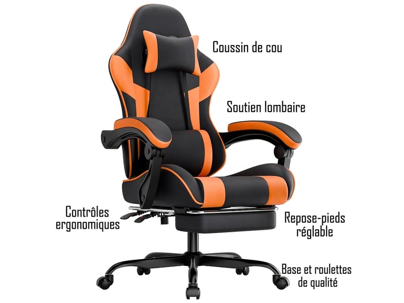Chaise gamer ergonomique, réglable avec support lombaire, fauteuil de bureau noir et orange - Conforama B
