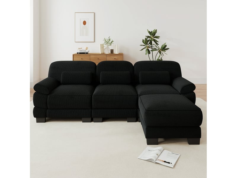  Canapé modulable tcqpz 3 places en l avec pouf velours côtelé noir 265 x 161 x 94 cm  - Conforama B