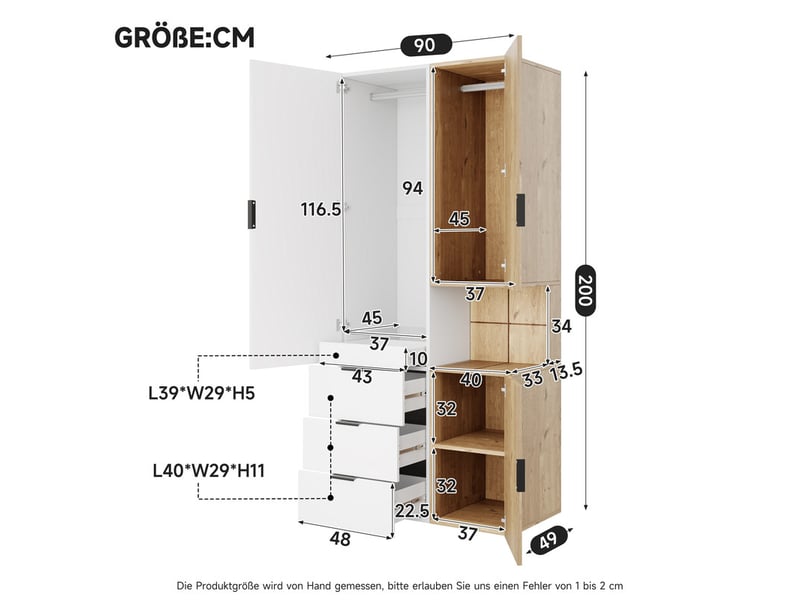 Armoire avec éclairage led et tiroir à bijoux , 3 portes, 2 tringle et 4 tiroirs, style moderne,90 x 49 x 200 cm,finition aspect blanc - Conforama C