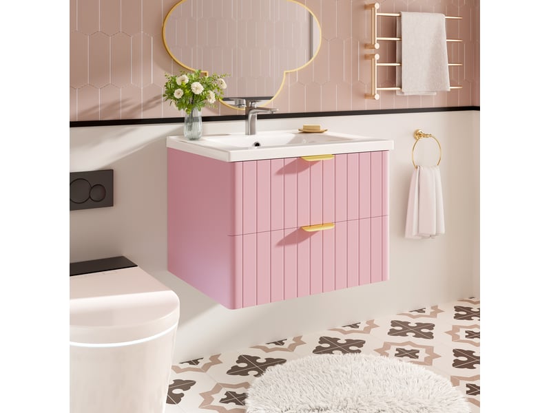  Meuble lavabo suspendu 60.5x47.5x47 cm, double rangement résistant à l'humidité, mdf, vasque céramique, rose et blanc  - Conforama B