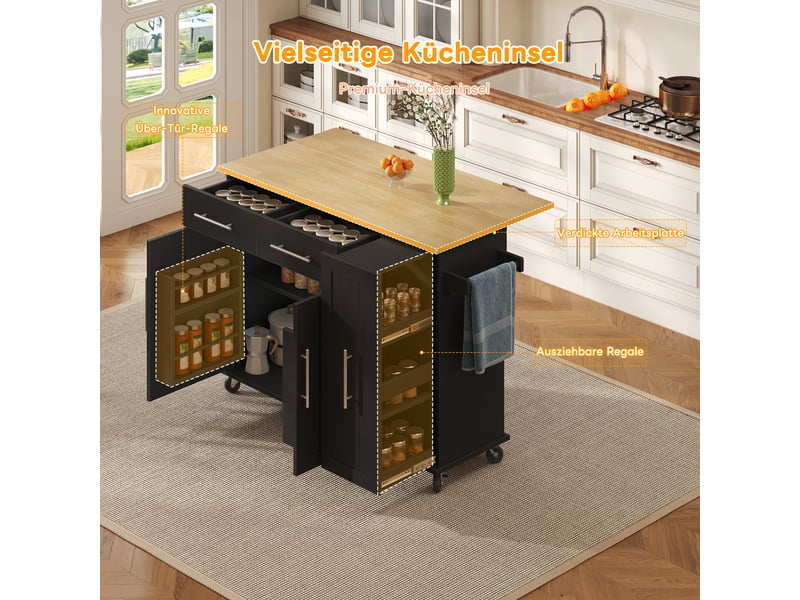  Îlot de cuisine mobile noir avec plateau pliant, desserte à roulettes avec rangement 3 niveaux et tiroirs pour salle à manger  - Conforama W