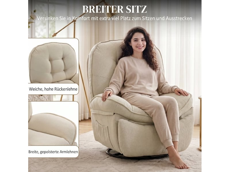  Fauteuil relax inclinable 95x94x104 cm pivotant et à bascule blanc crème  - Conforama D
